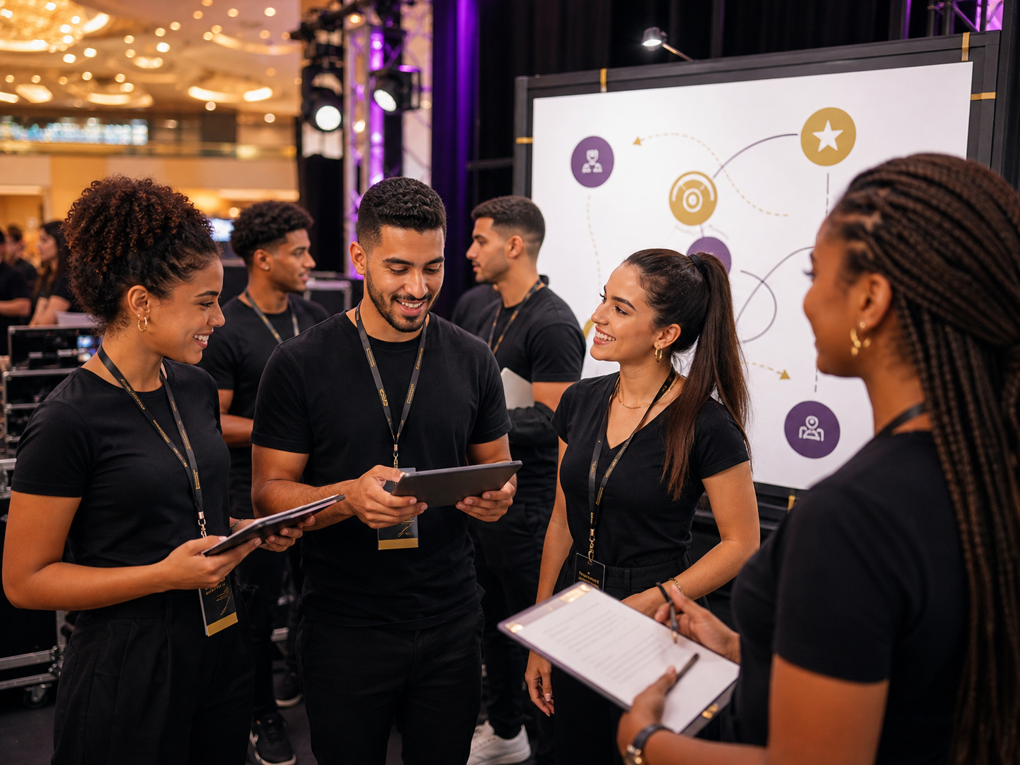 Equipe de promotores e monitores em briefing de evento